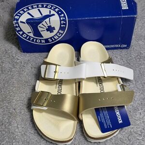 Birkenstock Arizona Split Sandal White Gold Birko-Flor Women 10 Narrow New